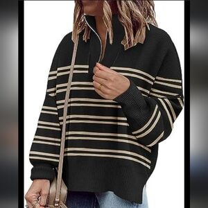 New Oversized Cream & Black V-neck Pullover Sweater / XL